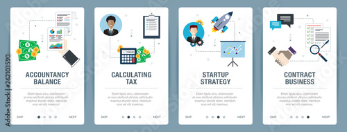 Web banners concept in vector with accountancy balance, calculating tax, startup strategy and contract business. Internet website banner concept with icon set. Flat design vector illustration.