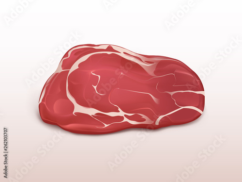 Fresh meat marble beef steak isolated on white background. Big piece of raw beef. Organic food product for cooking. Element for advertising poster of farmers market. Realistic 3d vector illustration.