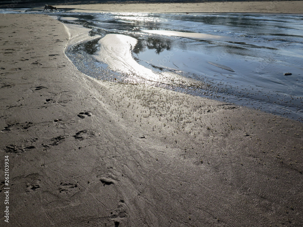Reflections of the sun on the wet sand as the tide streams out. Reflections of the sun on the wet sand as the tide streams out.