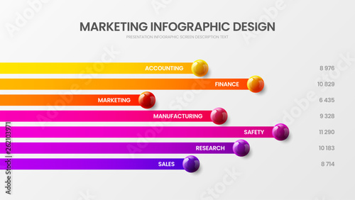Business 7 option infographic presentation vector 3D colorful balls illustration. Corporate marketing analytics report horizontal bar chart design layout. Statistics graphic visualization template.