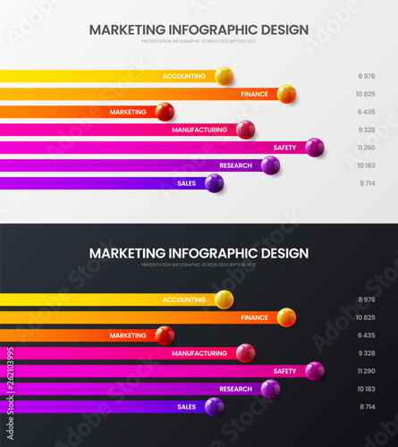 Business 7 option infographic vector 3D colorful balls illustration bundle. Corporate marketing analytics horizontal bar chart design layout collection. Statistics graphic visualization template set.