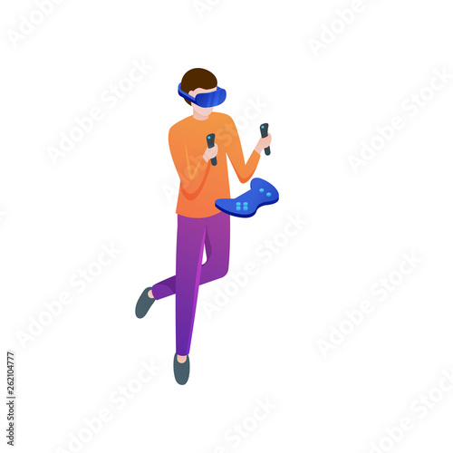 Modern boy play action game in vr headset