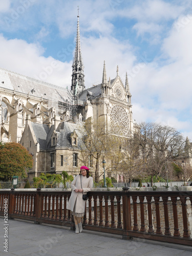 Notre Dame de Paris. against it stands a woman in a beige coat and a pink beret. on the bridge. spring-autumn. blue sky and clouds. December 2018