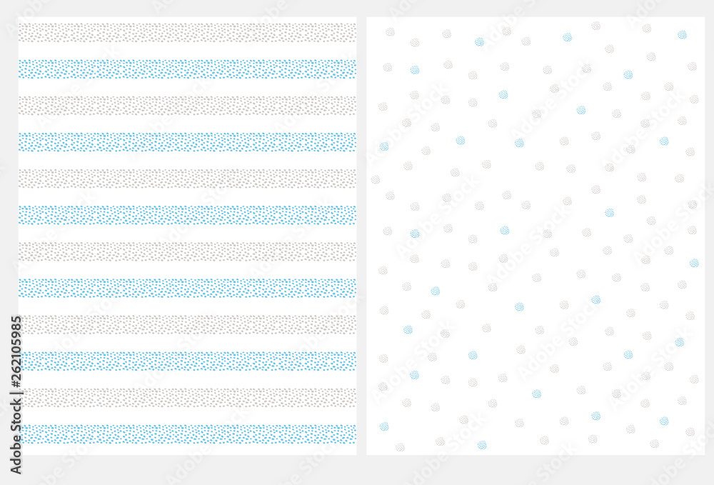 Abstract Irregular Geometric Seamless Vector Pattern. Hand Drawn Gray and Blue Stripes and Dots on a White Background. Stripes Made of Tiny Dots. Cute Pastel Color Geometric Design..