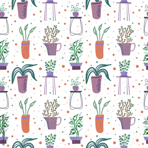 Vector seamless pattern with houseplants  in flower pots on white background.Simple flat style, in soft colors.