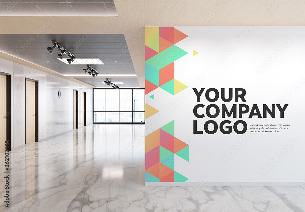 Blank Wall in Bright Wood and Marble Office Mockup Stock Template