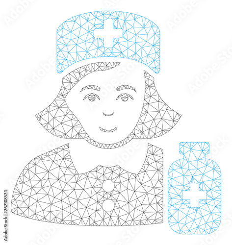Mesh apothecary lady polygonal icon illustration. Abstract mesh lines and dots form triangular apothecary lady. Wire frame 2D polygonal line network in vector format isolated on a white background.