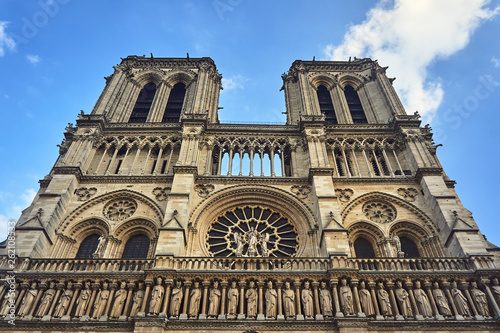 Gothic facade of the cathedral of Notre-Dame de Paris, France.