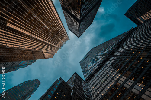 Photography day view of Toronto city skyscrapers; look up;