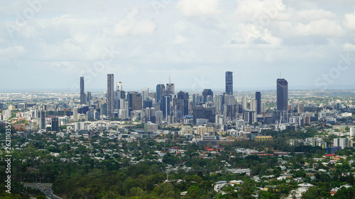 Panoramic view of large Brisbane city during cloudy day, taken from Mount Coot-tha lookout. Australia.