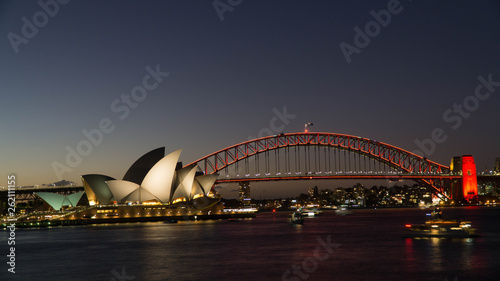 A Night view of the famous Sydney Opera House and the Harbour Bridge seen from Royal Botanical gardens, Australia