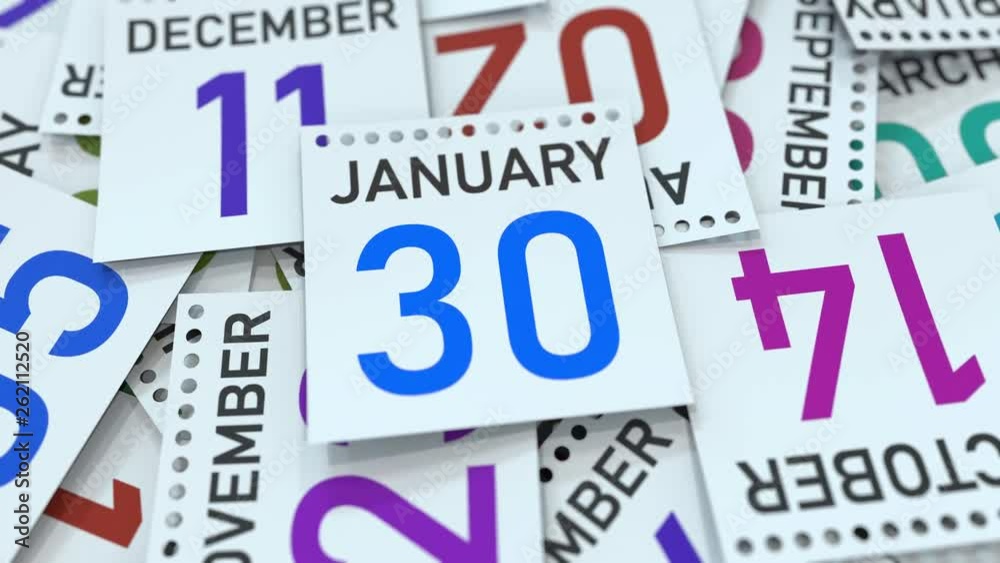 Calendar page shows January 30 date, 3D animation Calendar page shows January 30 date, 3D animation