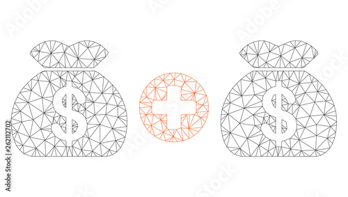 Mesh add money bags polygonal 2d illustration. Abstract mesh lines and dots form triangular add money bags. Wire frame 2D polygonal line network in vector format isolated on a white background.
