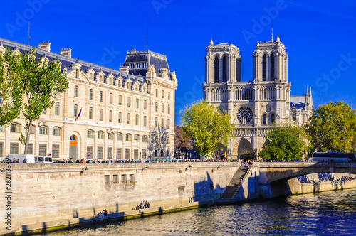 PARIS, FRANCE - APRIL 15, 2019: Notre Dame de Paris cathedral, France. Gothic architecture