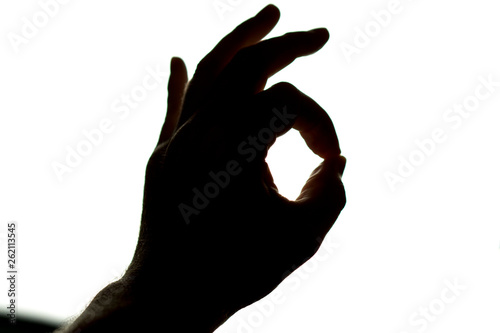 Silhouette of hand on white background making okay sign, signal for OK or all right