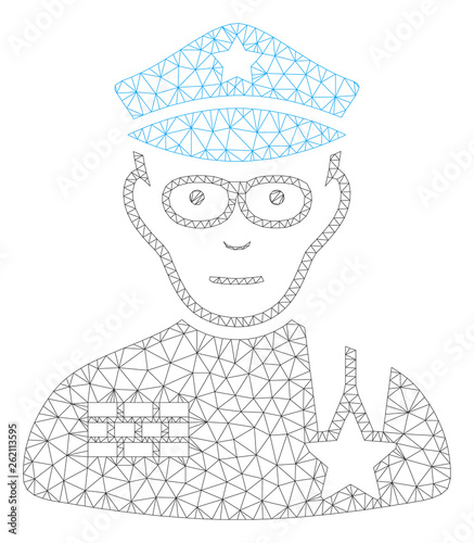 Mesh army general polygonal 2d illustration. Abstract mesh lines and dots form triangular army general. Wire frame 2D polygonal line network in vector format isolated on a white background.