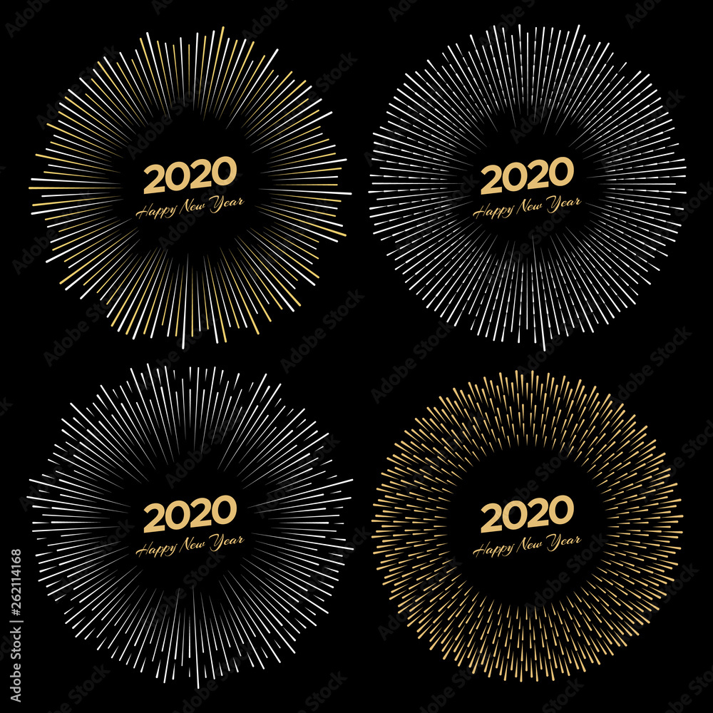 Fototapeta premium Set of four fireworks with inscription 2020 and Happy New Year