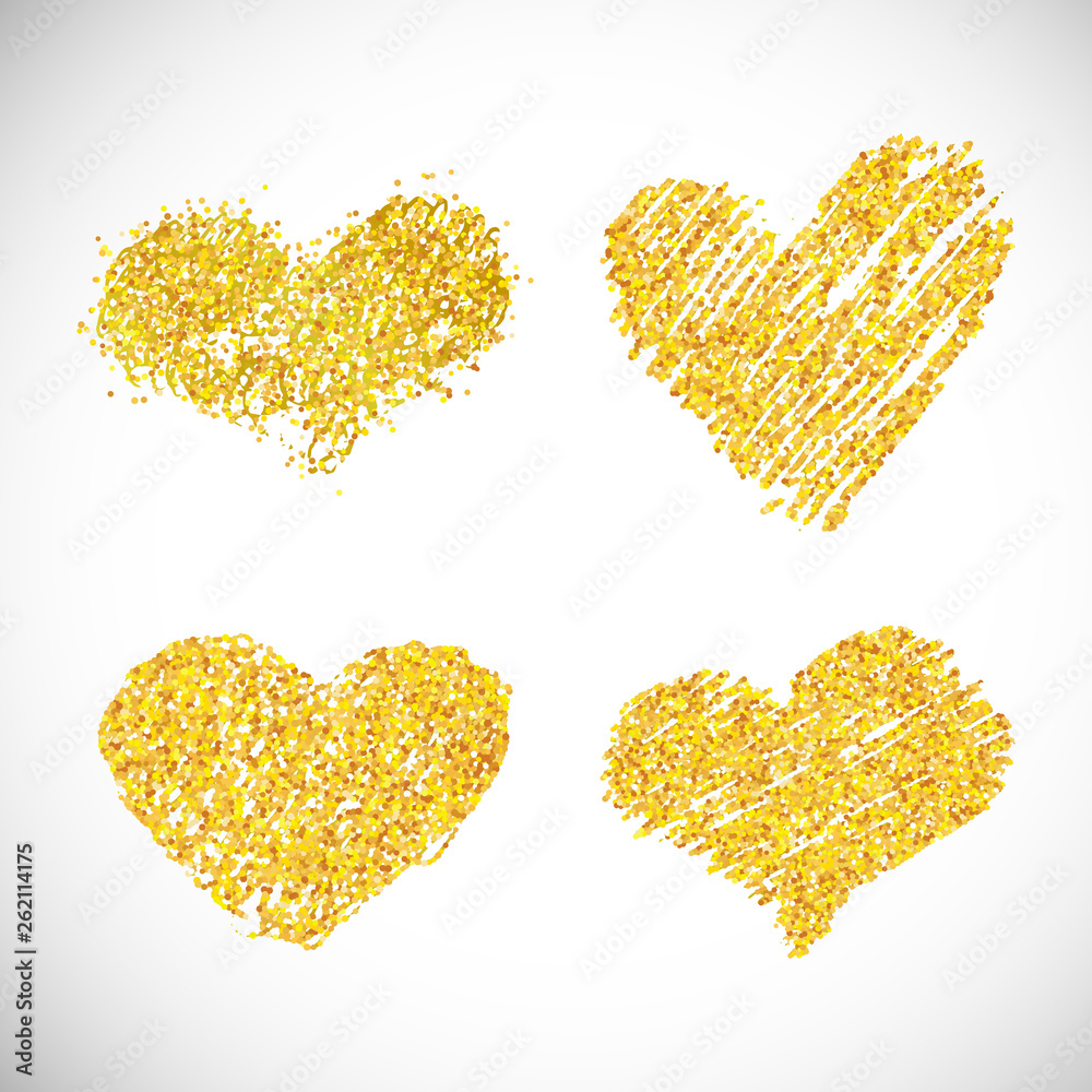 Set of four hand drawn golden glitter hearts Set of four hand drawn golden glitter hearts