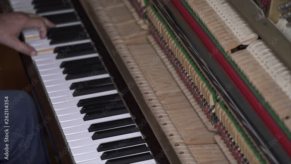 Musician plays open piano, diagonal medium shot with shallow depth of field Musician plays open piano, diagonal medium shot with shallow depth of field