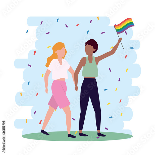 women couple with rainbow flag to lgbt freedom