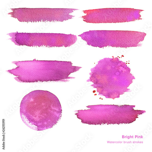 Fluid watercolor abstract brushstrokes and circles. Design elements in vibrant pink color.