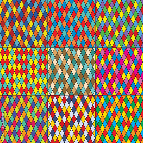 Harlequin's polychromatic mosaic patchwork, multi-colored seamless patterns, set of 9 colorful tiles.