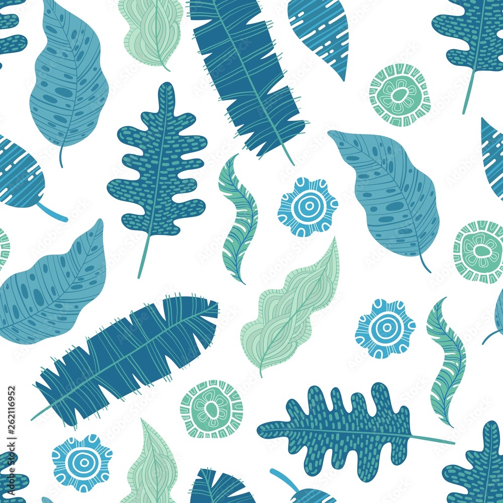 turquoise and green tropical leaves. Seamless graphic design with ...
