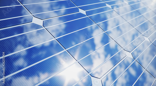 3D illustration solar Panels close-up. Alternative energy. Concept of renewable energy. Ecological, clean energy. Solar panels, photovoltaic with reflection beautiful blue sky.
