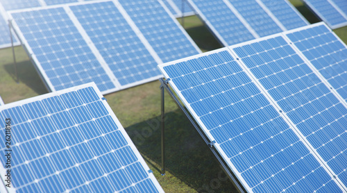 3D illustration Solar Panels. Alternative energy. Concept of renewable energy. Ecological, clean energy. Solar panels, photovoltaic with reflection beautiful blue sky. Photovoltaic Solar cells