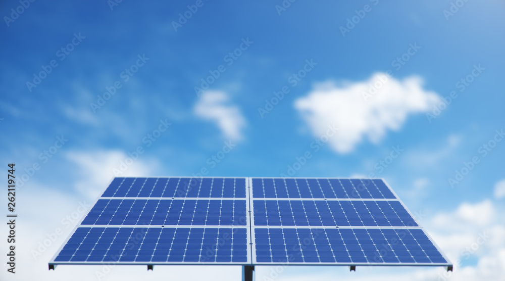 3D illustration solar panels in the sea or ocean. Alternative energy. Concept of renewable energy. Ecological, clean energy. Solar panels, photovoltaic cells against the blue sky. 3D illustration solar panels in the sea or ocean. Alternative energy. Concept of renewable energy. Ecological, clean energy. Solar panels, photovoltaic cells against the blue sky.
