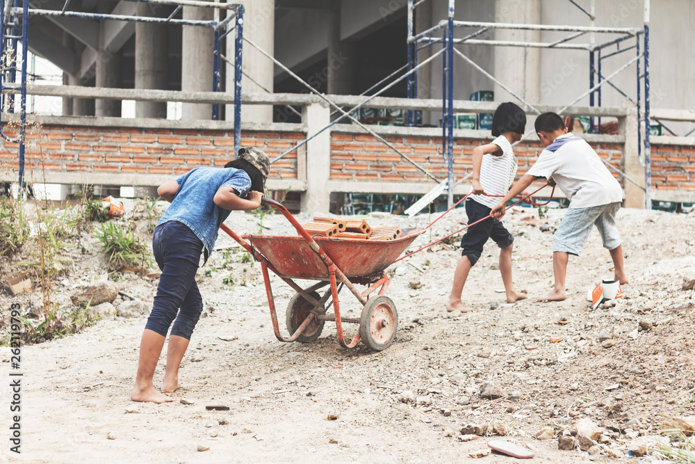Children working at construction site for world day against child labour concept: Children working at construction site for world day against child labour concept: