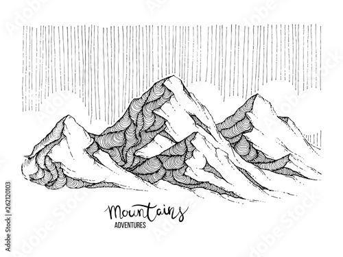 Hand drawn image of a mountain peak, engraving style, grunge textured