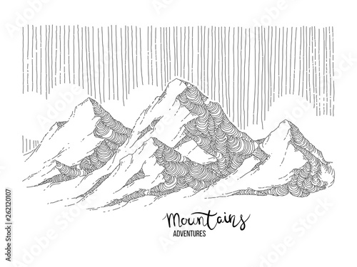 Hand drawn image of a mountain peak, engraving style, grunge textured