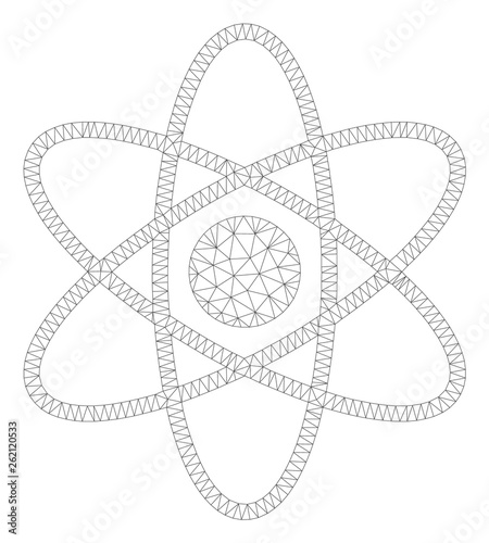 Mesh atom polygonal 2d illustration. Abstract mesh lines and dots form triangular atom. Wire frame 2D polygonal line network in vector format isolated on a white background.