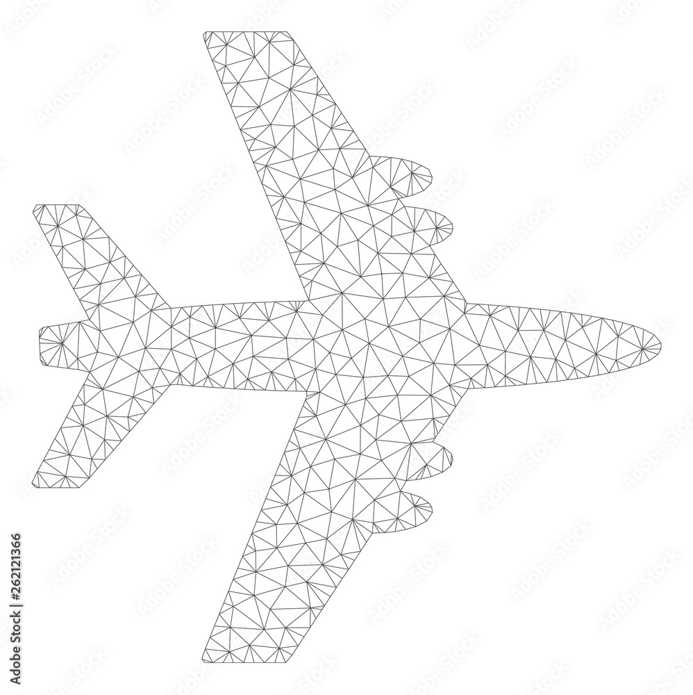 Mesh aircraft polygonal 2d illustration. Abstract mesh lines and dots form triangular aircraft. Wire frame 2D polygonal line network in vector format isolated on a white background. Mesh aircraft polygonal 2d illustration. Abstract mesh lines and dots form triangular aircraft. Wire frame 2D polygonal line network in vector format isolated on a white background.