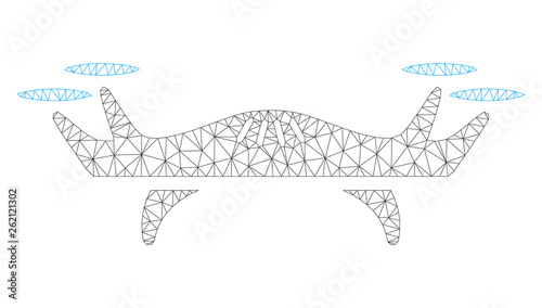 Mesh air drone polygonal 2d illustration. Abstract mesh lines and dots form triangular air drone. Wire frame 2D polygonal line network in vector format isolated on a white background.