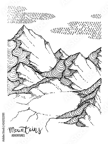 Hand drawn image of a mountain peak, engraving style, grunge textured