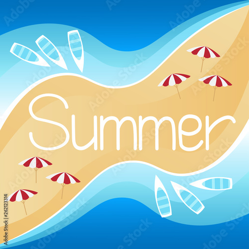 Tropical landscape background view from above - the beach, red and white striped umbrellas, the sea, white boats swing on the waves, in the center is a big inscription Summer. Flat vector illustration