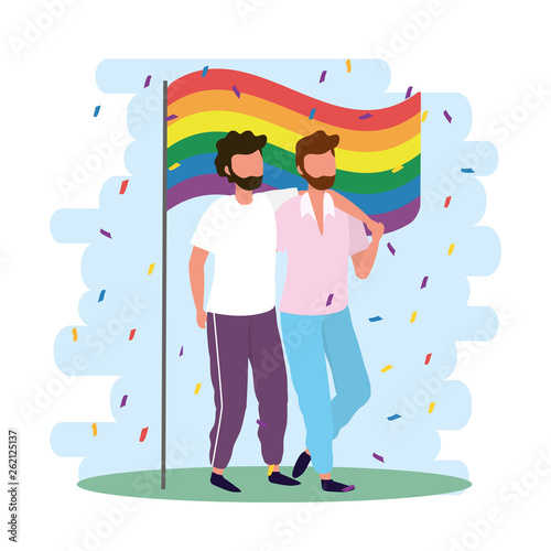 men couple together with rainbow flag