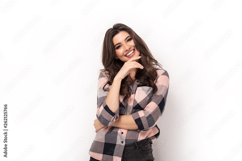 Portrait of smiling happy girl over white background. Portrait of smiling happy girl over white background.