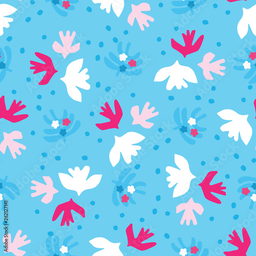 Abstract cut out bird daisy shapes. Vector pattern seamless background. Hand drawn matisse style collage graphic illustration. Trendy home decor, modern fashion prints, tossed fun kids wallpaper.