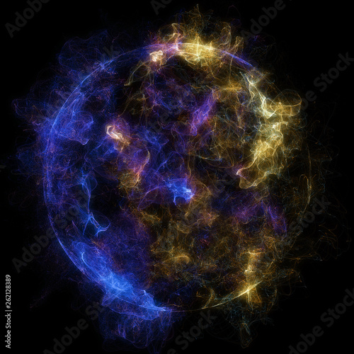 Abstract particles background with corrupted point sphere. Sun Solar Flare Particles coronal mass ejections. Globe grids with a broken structure. 3D render