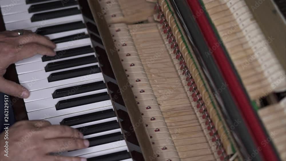 Musician plays open piano, Slow Motion Top View Medium shot with shallow depth of field Musician plays open piano, Slow Motion Top View Medium shot with shallow depth of field