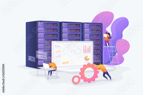 Bid data developer career, big data engineer, data science and jobs concept. Vector isolated concept illustration with tiny people and floral elements. Hero image for website.