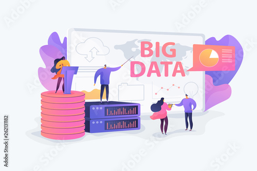 Big data conference, innovative idea presentation, data science meeting concept. Vector isolated concept illustration with tiny people and floral elements. Hero image for website.
