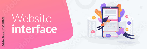 Front end development it concept. Software development process. Vector banner template for social media with text copy space and infographic concept illustration.