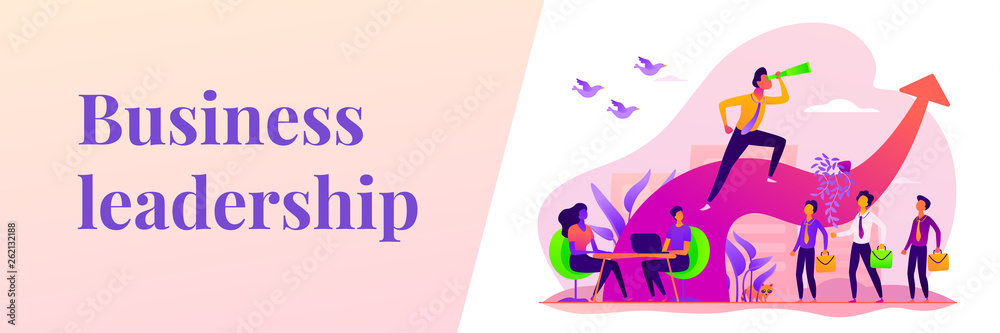 Business leadership, managing skills, leadership training plan and success achievement concept. Vector banner template for social media with text copy space and infographic concept illustration.