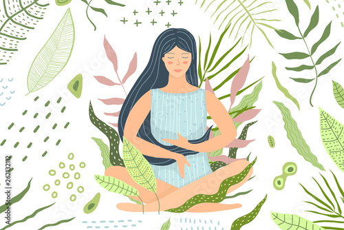 Woman Meditation in Nature Green Background