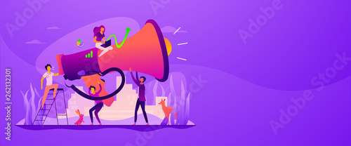 Digital marketing team, marketing team metrics, marketing team lead and responsibilities concept. Vector banner template for social media with text copy space and infographic concept illustration.