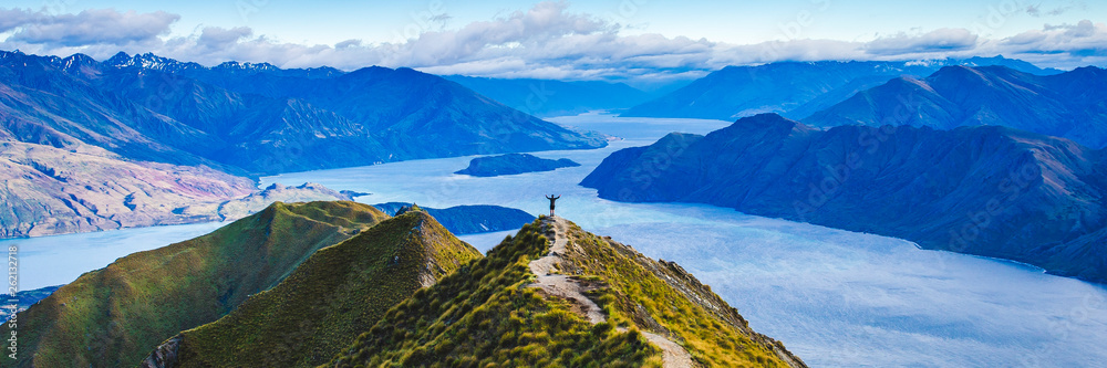 Roys Peak Scenic View Over Lake Wanaka Scenery of New Zealand Landscape Background. - obrazy, fototapety, plakaty 